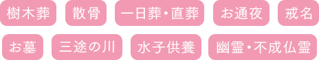 樹木葬　散骨　一日葬・直葬　お通夜　戒名　お墓　三途の川　水子供養　幽霊・不成仏霊