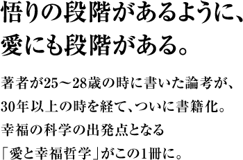 悟りの段階があるように、愛にも段階がある。著者が25～28歳の時に書いた論考が、30年以上の時を経て、ついに書籍化。幸福の科学の出発点となる「愛と幸福哲学」がこの1冊に。
