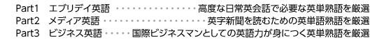 Part1　エブリデイ英語 高度な日常英会話で必要な英単熟語を厳選  Part2　メディア英語 英字新聞を読むための英単語熟語を厳選  Part3　ビジネス英語 国際ビジネスマンとしての英語力が身につく英単熟語を厳選
