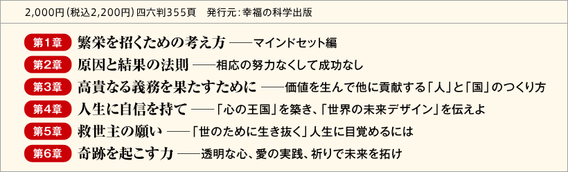 2,000円（税込2,200円）四六判355頁　発行元：幸福の科学出版 第1章　繁栄を招くための考え方　マインドセット編　第2章　原因と結果の法則　─相応の努力なくして成功なし　第3章　高貴なる義務を果たすために　─価値を生んで他に貢献する「人」と「国」のつくり方　第4章　人生に自信を持て　─「心の王国」を築き、「世界の未来デザイン」を伝えよ　第5章　救世主の願い　─「世のために生き抜く」人生に目覚めるには　第6章　奇跡を起こす力　─透明な心、愛の実践、祈りで未来を拓け